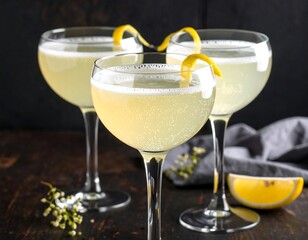 Elegant French 75 Cocktails with Lemon Twist on Dark Wood Surface