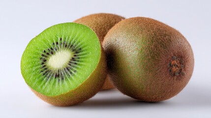 Fototapeta premium Three kiwi fruits, including a vibrant cross-section exposing the bright green flesh and seeds.