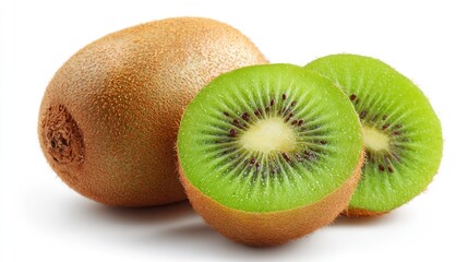 Fototapeta premium A whole kiwi fruit and two halves are isolated on a white background, showcasing vibrant colors.