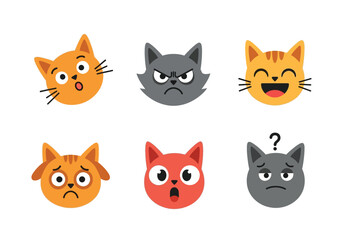 Six cartoon cat faces displaying different emotions: surprise, anger, joy, sadness, shock, and confusion, set against a white background.