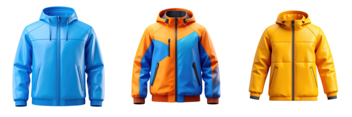 3D Plastic Style Icon Windbreaker Jacket Assortment Featuring Blue Orange And Yellow Color Palettes With Hoods And Zippers On Transparent Background