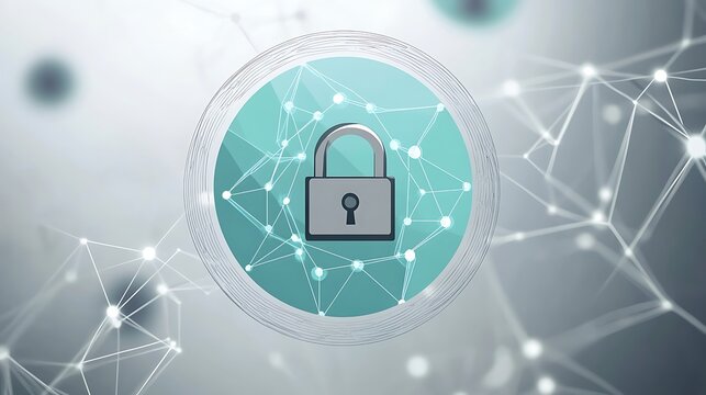 A digital padlock inside a circle with a network of lines and dots on a light background