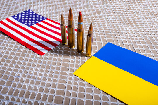 Bridge Between Ukraine and USA with Flags Symbol of Military Aid, Arms Support, and Defense Partnership