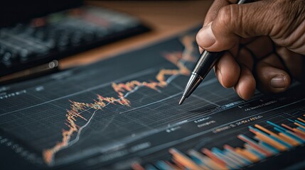 Hand holds pen analyzing stock market data with charts and graphs displayed with focus on finance.