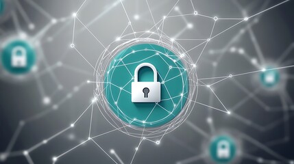 A digital network with a central padlock surrounded by interconnected nodes and lines