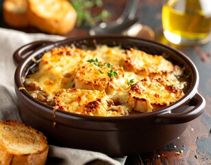 Rustic French Onion Soup: Golden Croutons, Melted Cheese, and Savory Broth