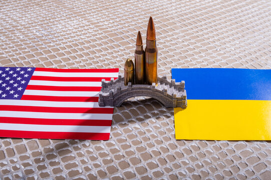 Bridge Between Ukraine and USA with Flags Symbol of Military Aid, Arms Support, and Defense Partnership