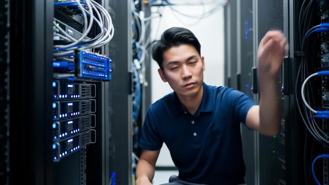 Asian Technician Inspecting Server Racks in Data Center, Checking Cables and Connections