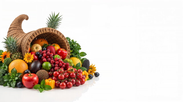 Wicker cornucopia overflowing with fresh fruits and vegetables on white background