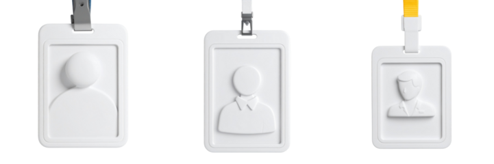 3D Plastic Style Worker ID Badge Icons Set Isolated On Transparent Background Showing Profile Silhouette On Rectangular Card Shapes