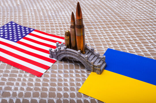 Bridge Between Ukraine and USA with Flags Symbol of Military Aid, Arms Support, and Defense Partnership