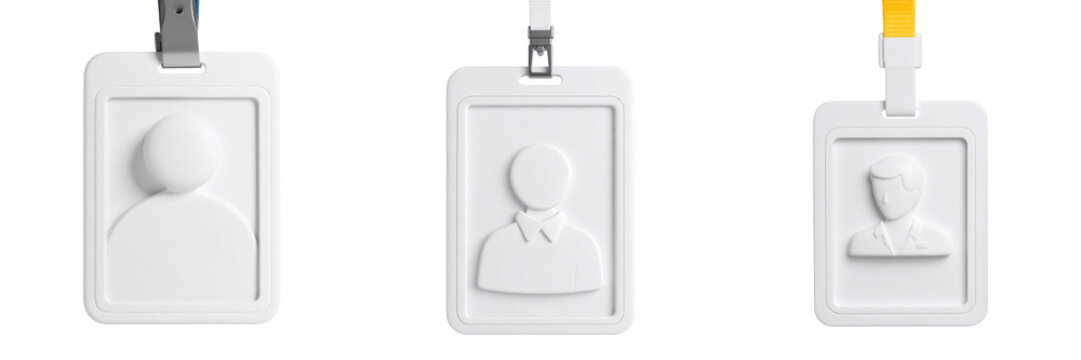 3D Plastic Style Worker ID Badge Icons Set Isolated On Transparent Background Showing Profile Silhouette On Rectangular Card Shapes - Powered by Adobe