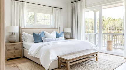 Charming Coastal Cottage Bedroom Interior Design with Elegant Bedding and Bespoke Furniture, White decor