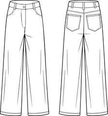 CAD drawing flat vector illustration of wide-leg pants, front back view, technical sketch layout, structured waistband, stitching details, pocket design, fashion template, garment design