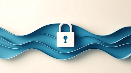 A white padlock over blue wavy lines against a light background in a flat lay style