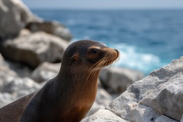 Naklejka premium Californian sea lion basking on rocky shoreline by ocean waves