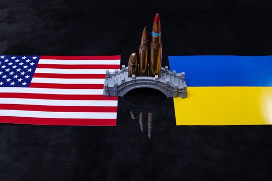 Bridge Between Ukraine and USA with Flags Symbol of Military Aid, Arms Support, and Defense Partnership - Powered by Adobe