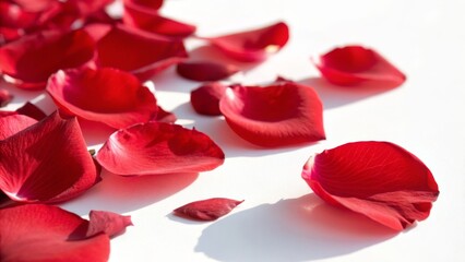 Fototapeta premium Scattered vibrant red rose petals on a bright white surface, showcasing delicate texture and rich color contrast.