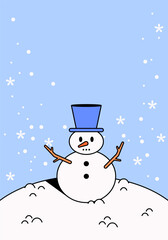 Vector cartoon illustration of a cheerful snowman with a blue top hat and stick arms standing on a snowy hill perfect for holiday or seasonal themes