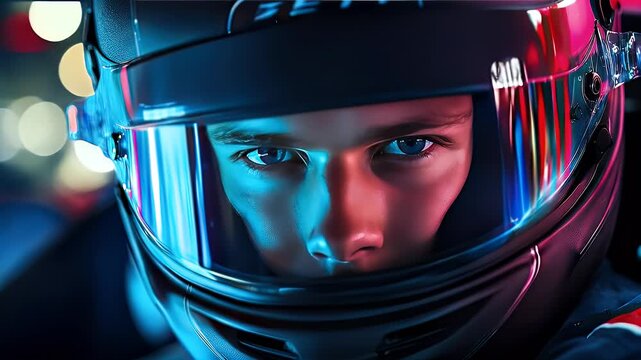 Close up formula 1 race driver preparing to launch with intense focus and helmet visor glow