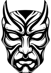 Obraz premium Dramatic Stylized Mask in Woodcut Style with Bold Clean Lines. Tribal, Mythical, and Ancient Art Inspired Vector Illustration