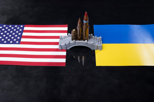 Bridge Between Ukraine and USA with Flags Symbol of Military Aid, Arms Support, and Defense Partnership