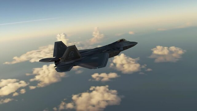 Military stealth fighter jet flying above the clouds at high altitude.