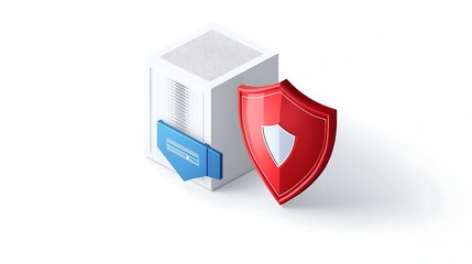 A white server with a blue panel and a red shield indicating security measures taken
