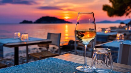 A cozy beach restaurant at sunset, with warm string lights creating a dreamy, inviting atmosphere.