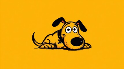 A cheerful, cartoonish yellow dog lies down on a solid yellow background. Its features are exaggerated and friendly, with large eyes and a simple, black collar