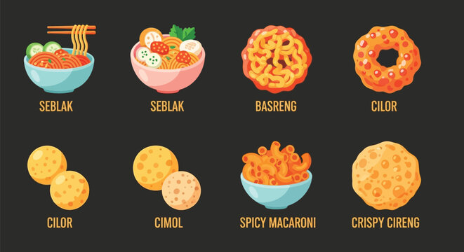 A vector illustration showcasing a variety of Indonesian street food dishes, presented in colorful bowls.