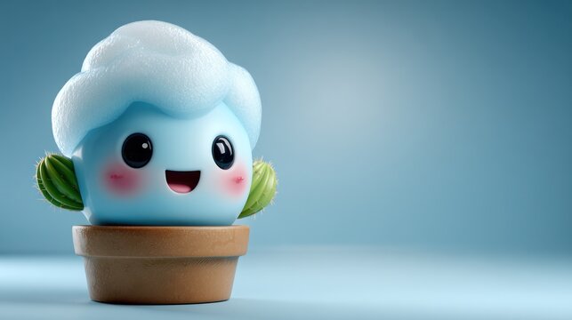 A cheerful, light-blue cartoon cactus with a fluffy white cloud-like top sits in a terracotta pot against a muted blue backdrop