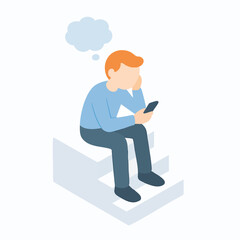 Isometric Illustration Young Man Sitting on Stairs Thinking with Phone Character