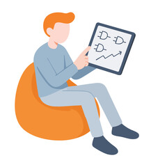 Flat Illustration Man Sitting on Beanbag Analyzing Data on Tablet