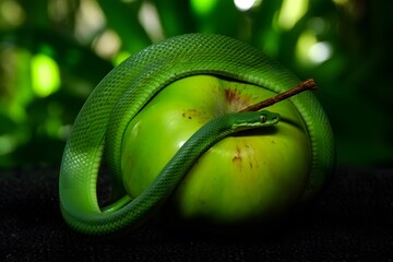 Obraz premium A vibrant green snake coils around a ripe green apple its slender body draped elegantly over the fruit in a natural verdant setting