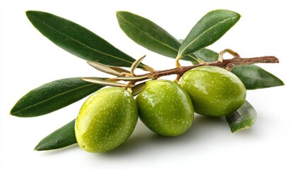 A vibrant close-up reveals the glossy texture of three green olives and their leaves.