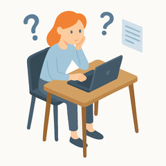 Isometric Style Young Woman Confused Thinking While Working on Laptop Illustration
