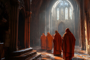 Mysterious Monks in a Gothic Cathedral with Light Rays