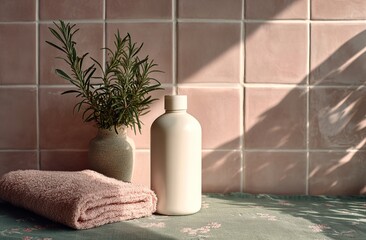 Cosmetics display with a pot of green plants placed beside it, used for display on cosmetics e-commerce platforms and advertising promotions.