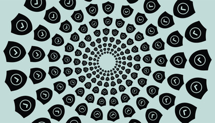 Abstract spiral pattern on a light blue background, featuring a hypnotic arrangement of geometric shield-like shapes. used for futuristic art and optical illusion designs.