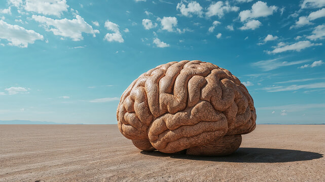 Giant brain sculpture resting on a barren landscape under a cloudy sky