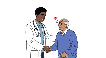 Obraz premium A compassionate physician offers support and care to an elderly patient with a warm smile and handshake symbolizing trust and excellent medical service