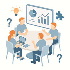 Flat Illustration Business Teamwork Brainstorming Session on Round Table in Office