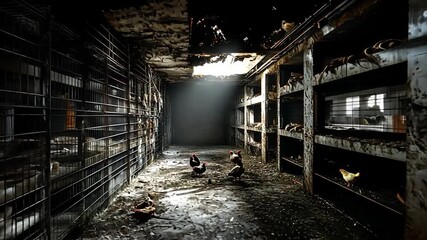 Abandoned, burned poultry farm interior - Powered by Adobe