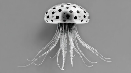 A grayscale digital rendering of a jellyfish, featuring a dome-shaped bell with a pattern of dark and light circles, and numerous thin, flowing tentacles