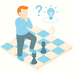 Isometric Man Thinking Chess Strategy Brainstorming Business Solution Illustration