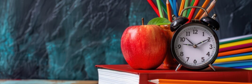 back to school concept: red apple on stack of books, colorful pencils and alarm clock with dark backgrund copy space