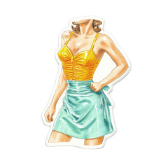 Retro Summer Fashion Woman in Yellow Top and Teal