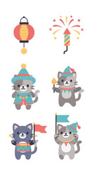Naklejka premium A collection of adorable cartoon cats celebrating with festive decorations and fireworks.