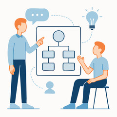 Flat Design Two Men Presenting Organization Chart on Whiteboard Illustration